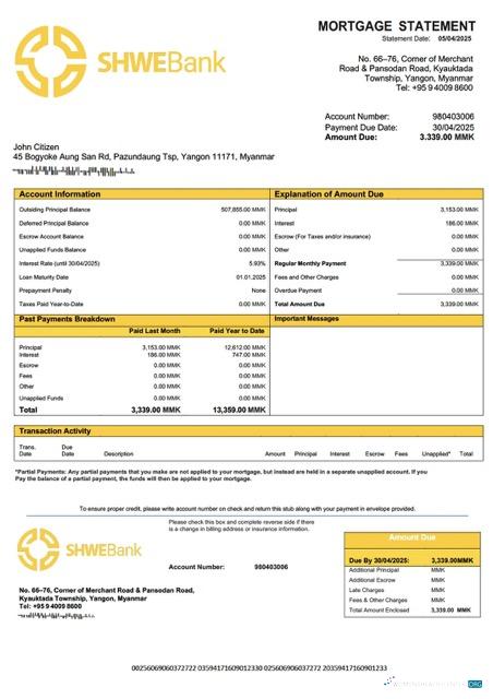 Download Myanmar Shwe Bank mortgage statement Word and PDF template Photoshop template